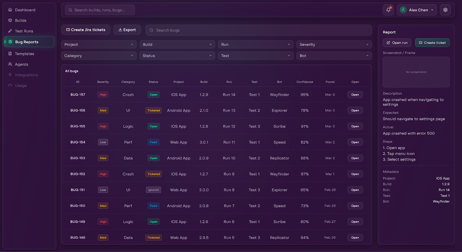 ManaMind Command Centre - Bug Reports dashboard showing automated test results across builds and bots